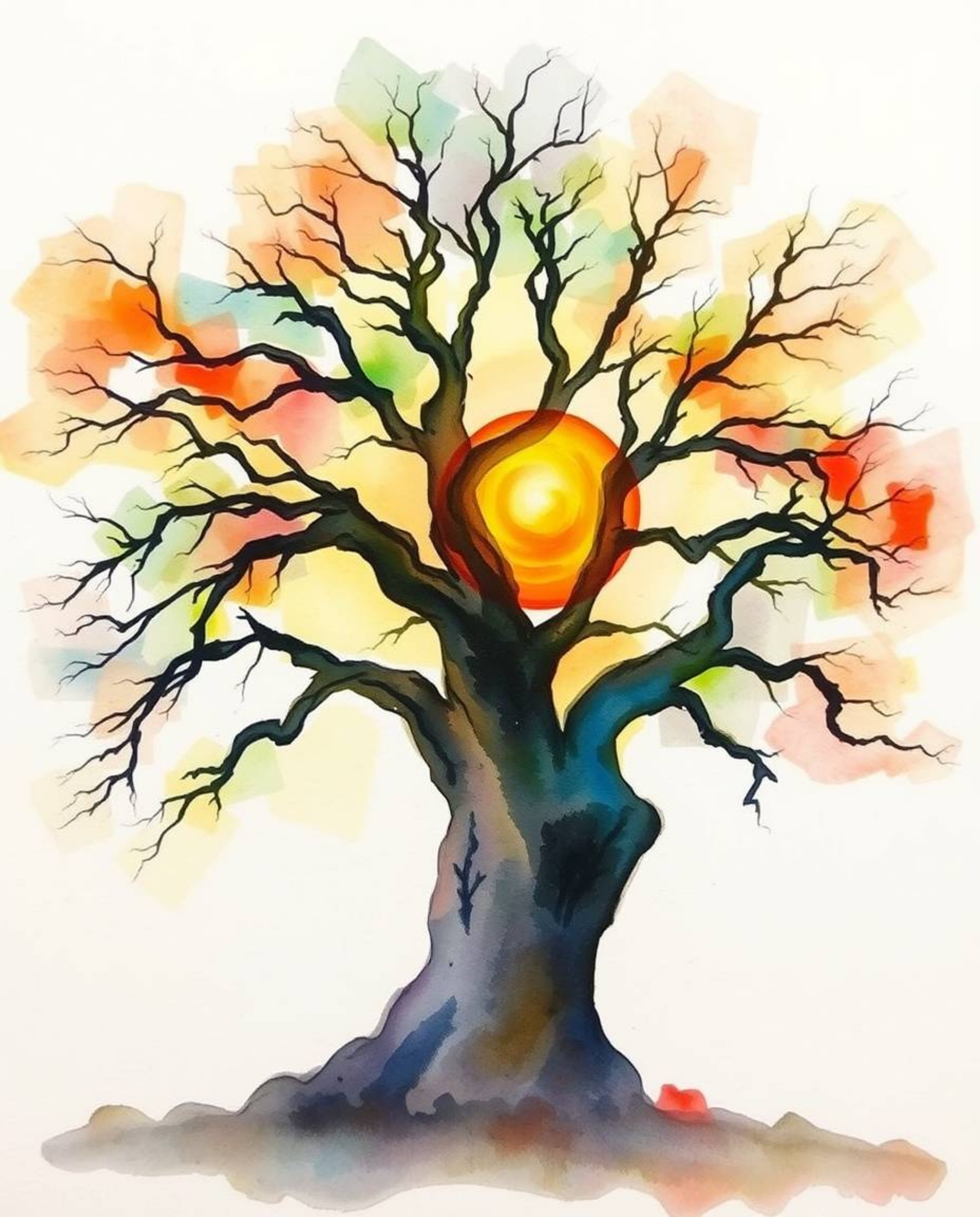 A delicate watercolor painting captures a sunset behind an old oak tree, showcasing vibrant complementary colors and balanced