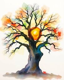 A delicate watercolor painting captures a sunset behind an old oak tree, showcasing vibrant complementary colors and balanced