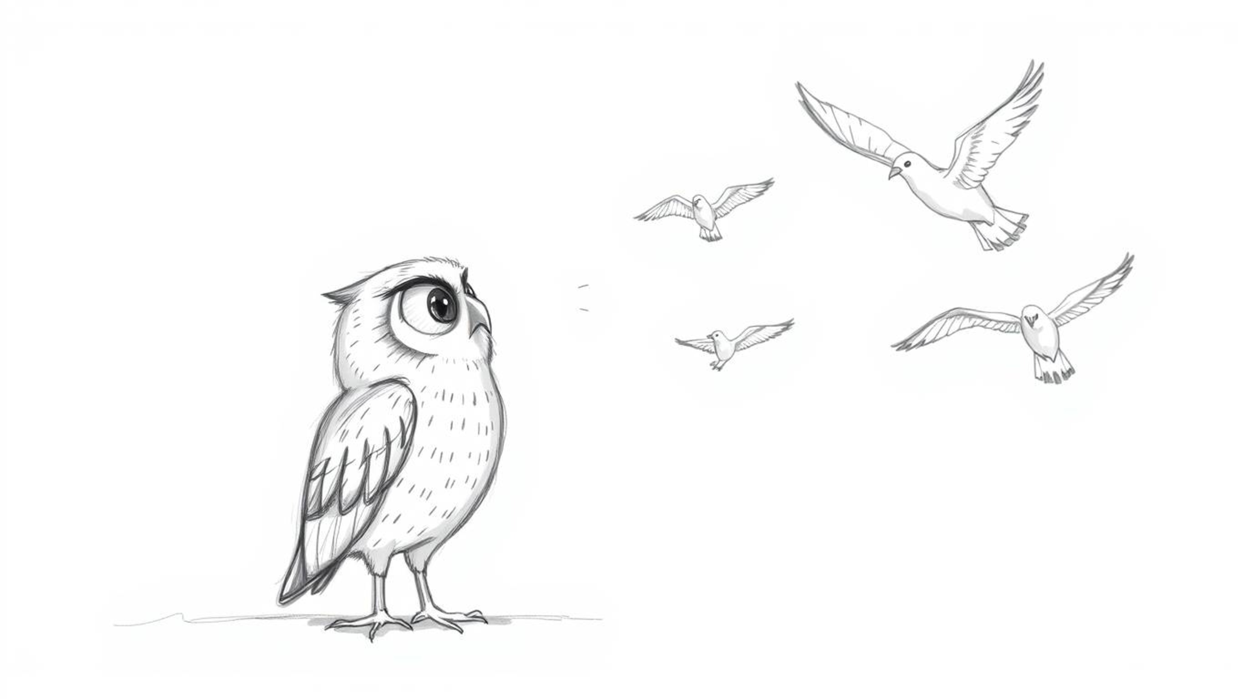 A heartwarming, hand-drawn sketch in the style of Pixar depicts a blind owl with soft, textured pencil strokes patiently teac