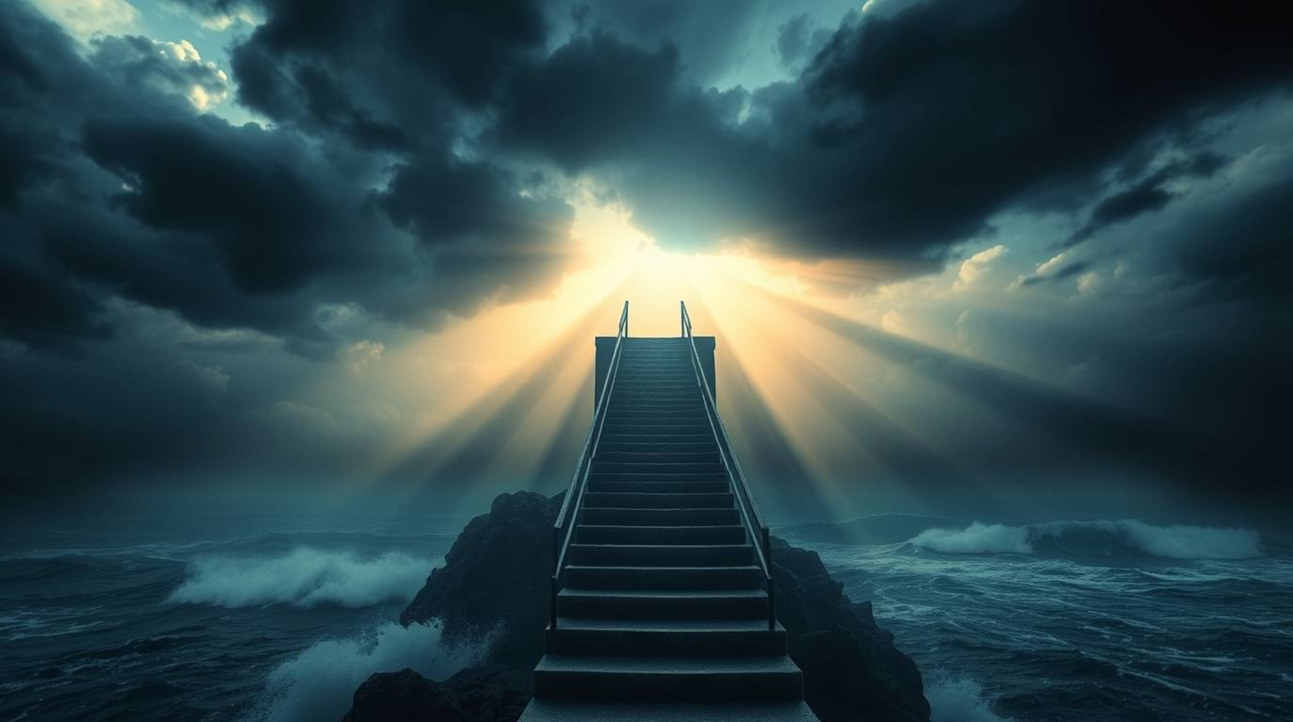 A captivating digital artwork depicting a dramatic staircase rising from the ocean towards a stormy sky, illuminated by a div