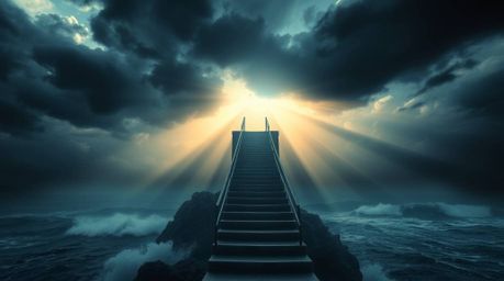 A captivating digital artwork depicting a dramatic staircase rising from the ocean towards a stormy sky, illuminated by a div