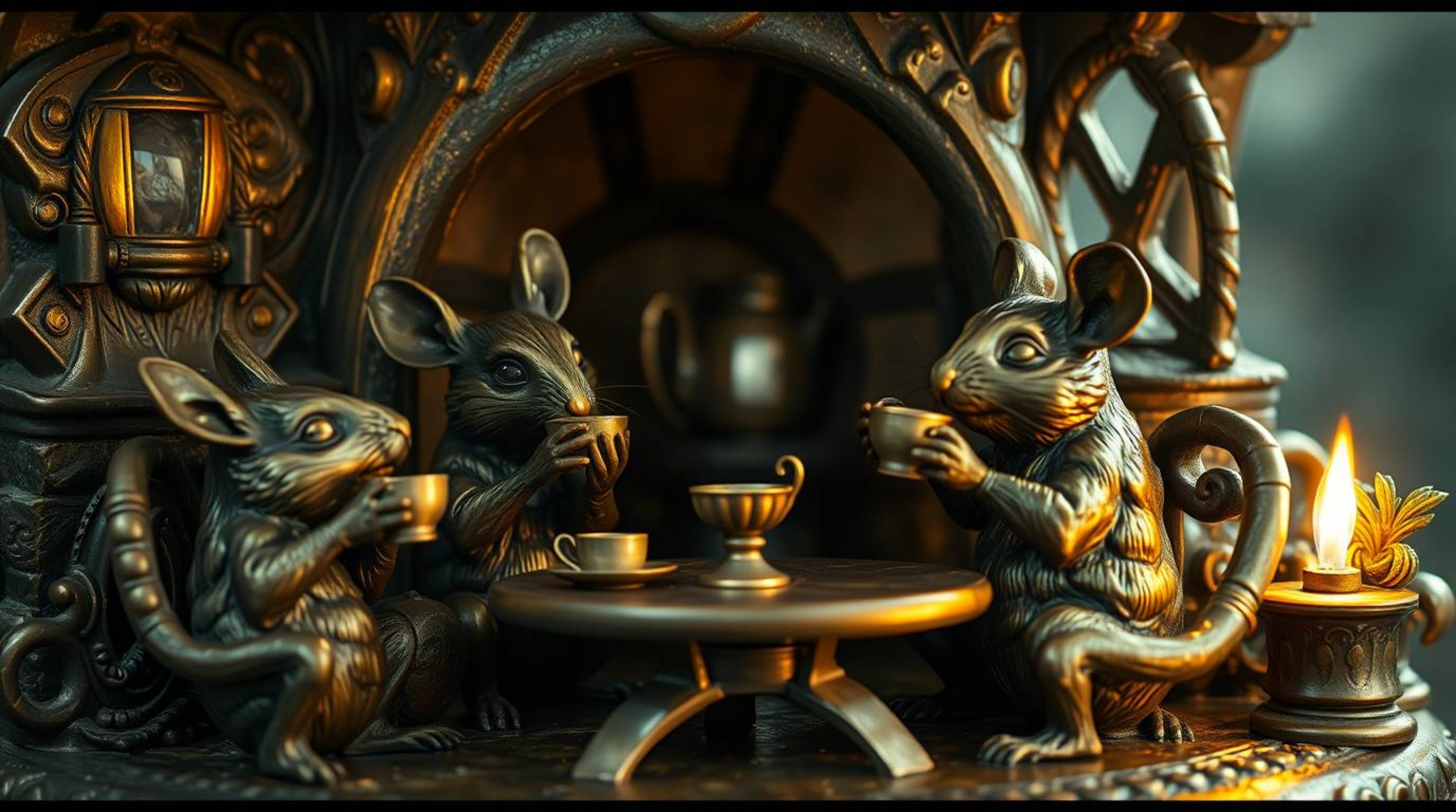 Discover a captivating cast bronze sculpture depicting anthropomorphic mice enjoying a tea party in a charming cottage.  The 