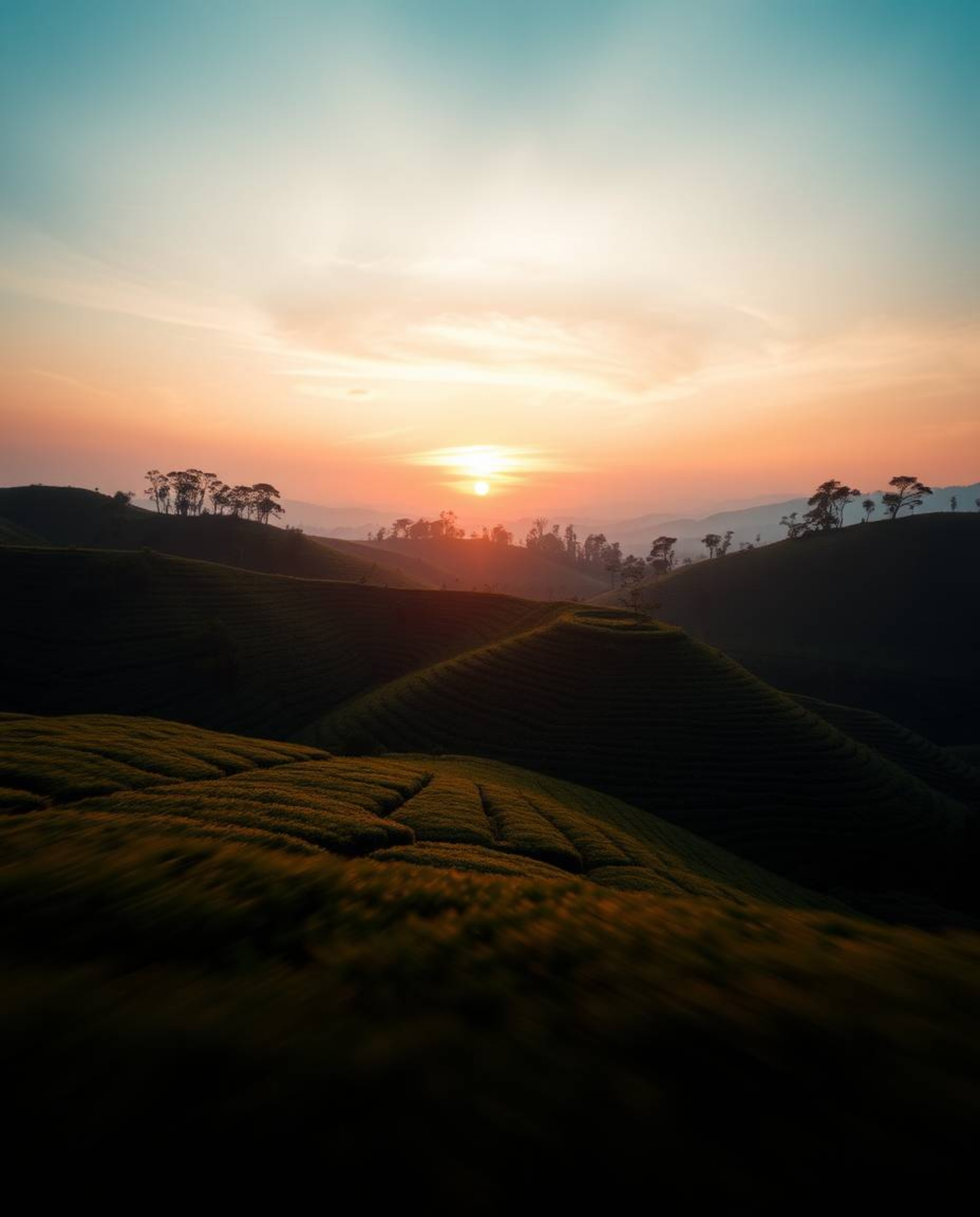 This is a warm-toned long exposure photograph of a sunset over terraced tea plantations. The technique beautifully captures m