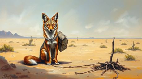 A classic oil painting featuring a graceful and elegant coyote setting up a ridiculously elaborate trap in the vast desert. T