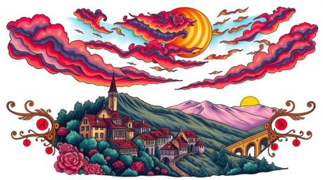 This stunning art print showcases vibrant traditional tattoo art depicting a cozy village nestled in a valley under a colorfu