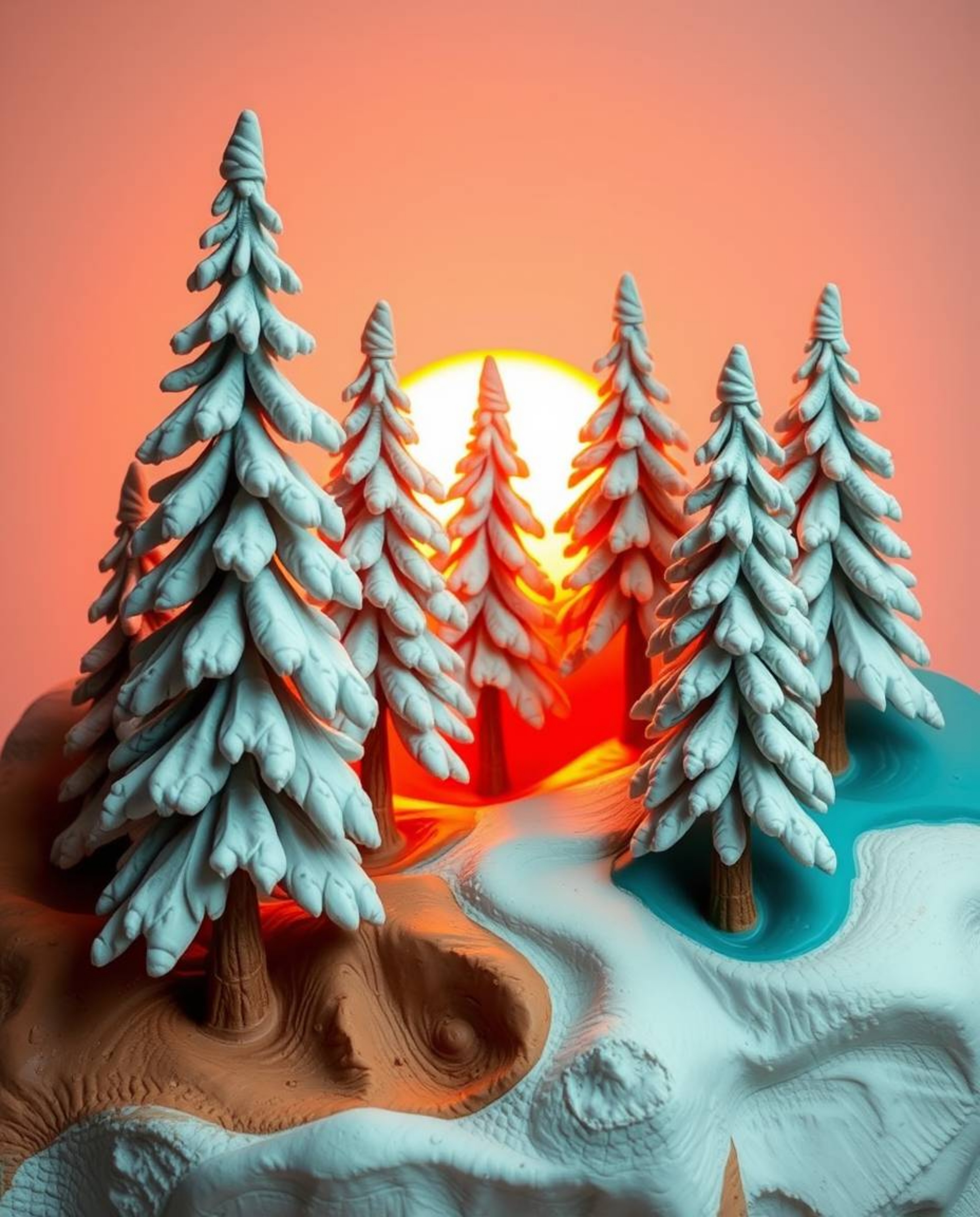 Sculptural clay art depicting snowy pine trees bathed in warm terracotta and cool teal sunset light, earthy and cool contrast