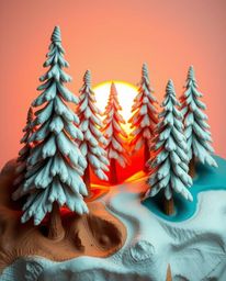 Sculptural clay art depicting snowy pine trees bathed in warm terracotta and cool teal sunset light, earthy and cool contrast