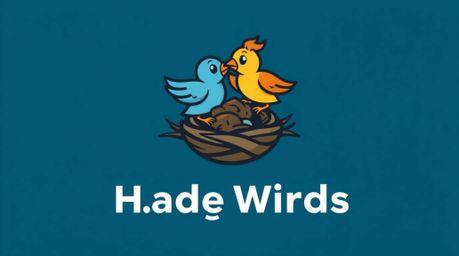 This logo design features two cartoon birds actively building a nest in a classic animation style. The design incorporates ge