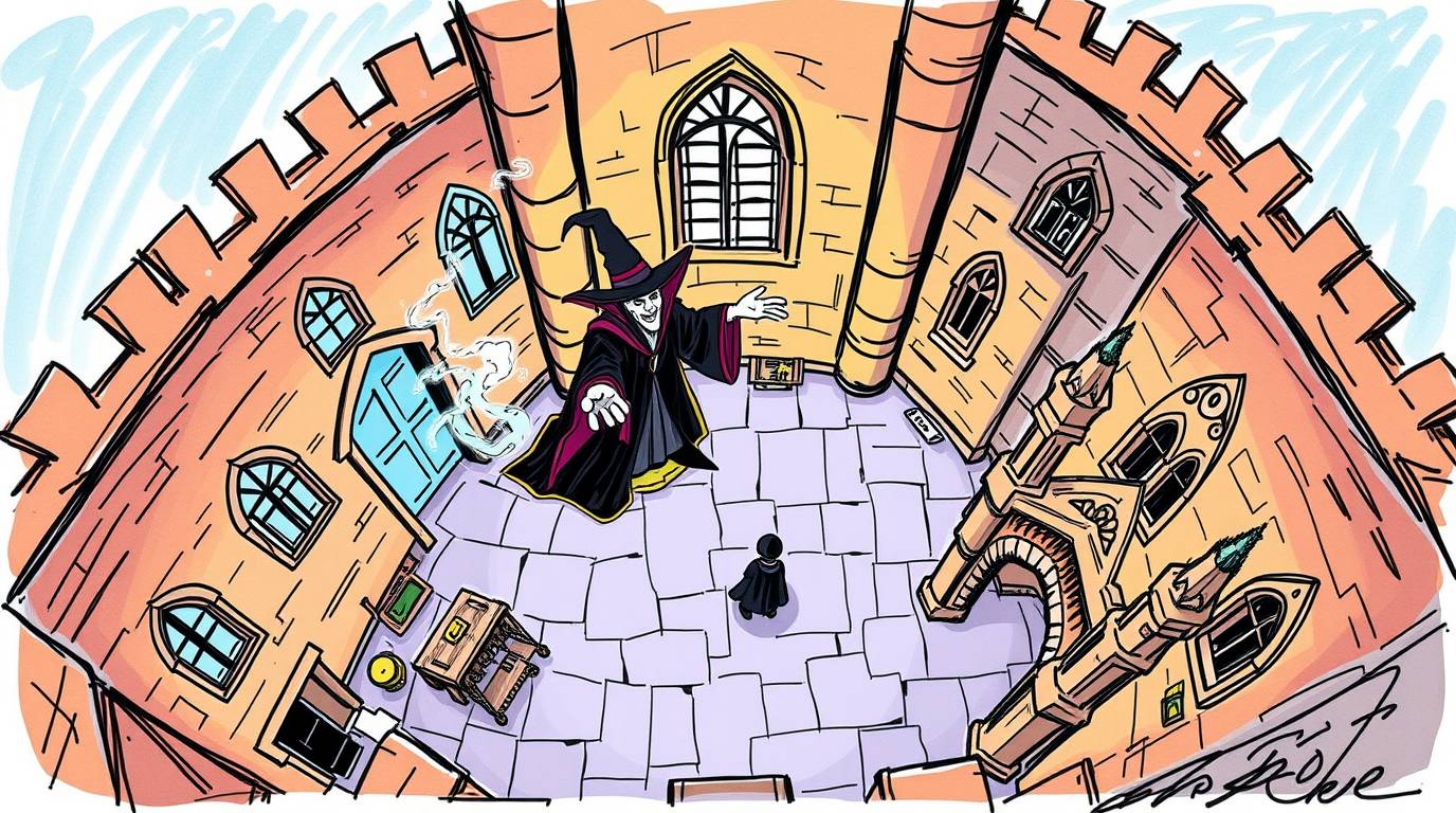 A captivating hand-drawn color sketchnote presents a classic Disney villain in the midst of casting a powerful spell within t