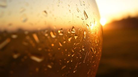 A mesmerizing close-up shot capturing a glass object's surface, reflecting smooth gradient textures bathed in the warm, soft 