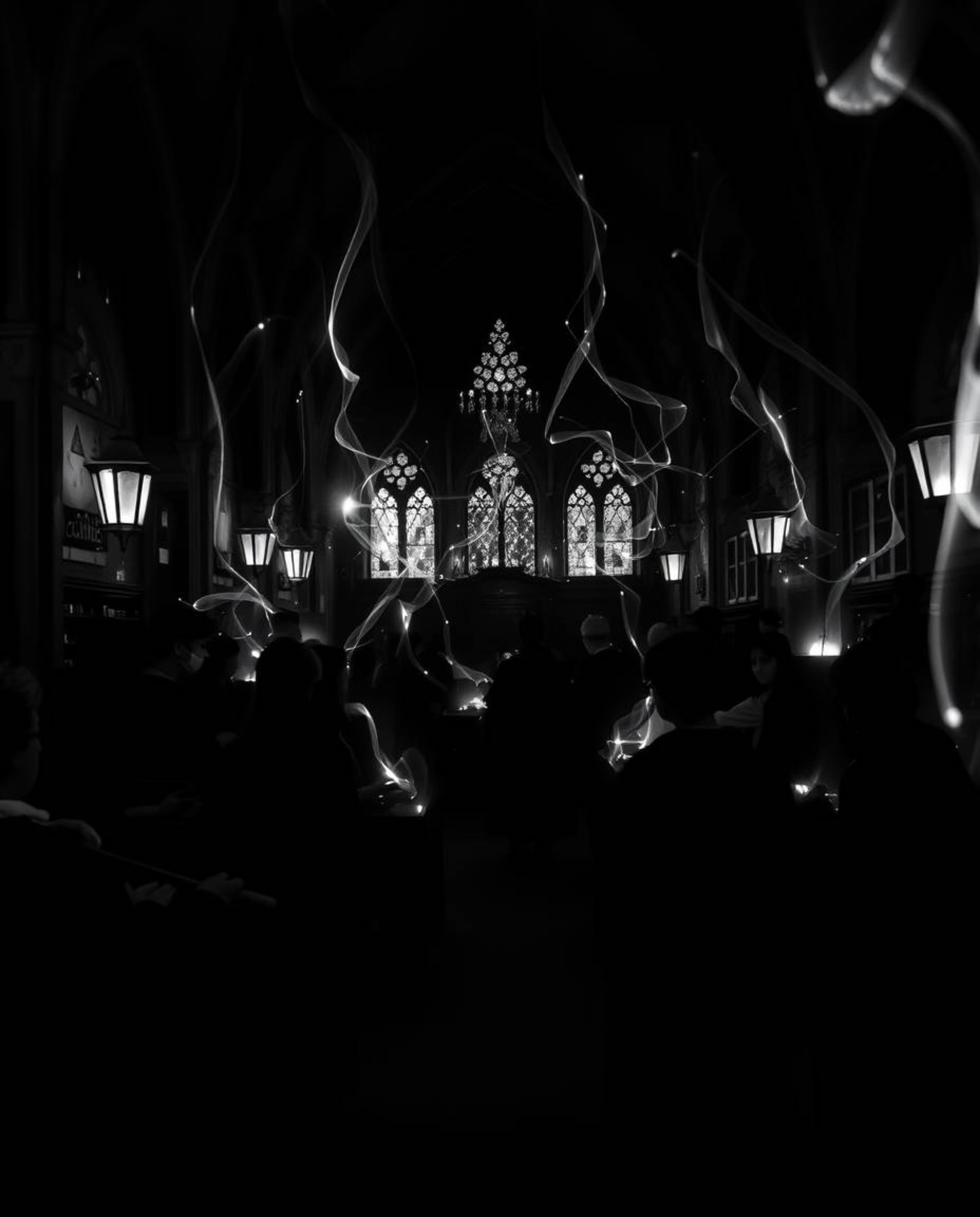 A stunning black and white light art creation depicting a magical school brimming with young wizards.  The artistic lighting 
