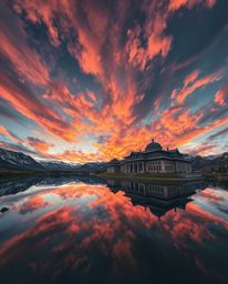 A high-angle architectural photograph captures the stunning reflections of fiery clouds in a mountain lake. This composition 