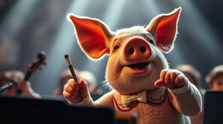 An extreme macro close-up photograph showcases a pig character dramatically conducting an orchestra.  Volumetric lighting cre