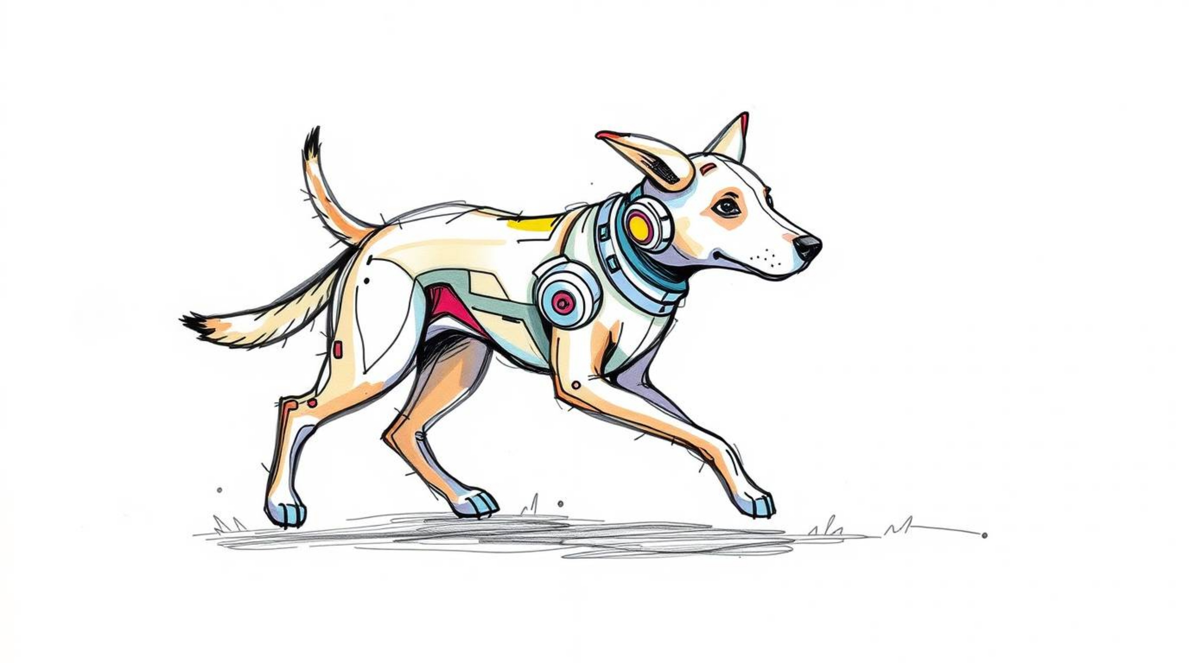 Explore a hand-drawn sketch of a futuristic dog taking itself for a walk in space, rendered in a vibrant color sketchnote sty