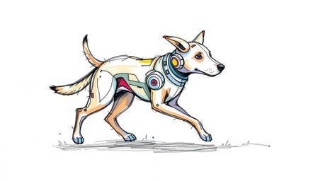 Explore a hand-drawn sketch of a futuristic dog taking itself for a walk in space, rendered in a vibrant color sketchnote sty