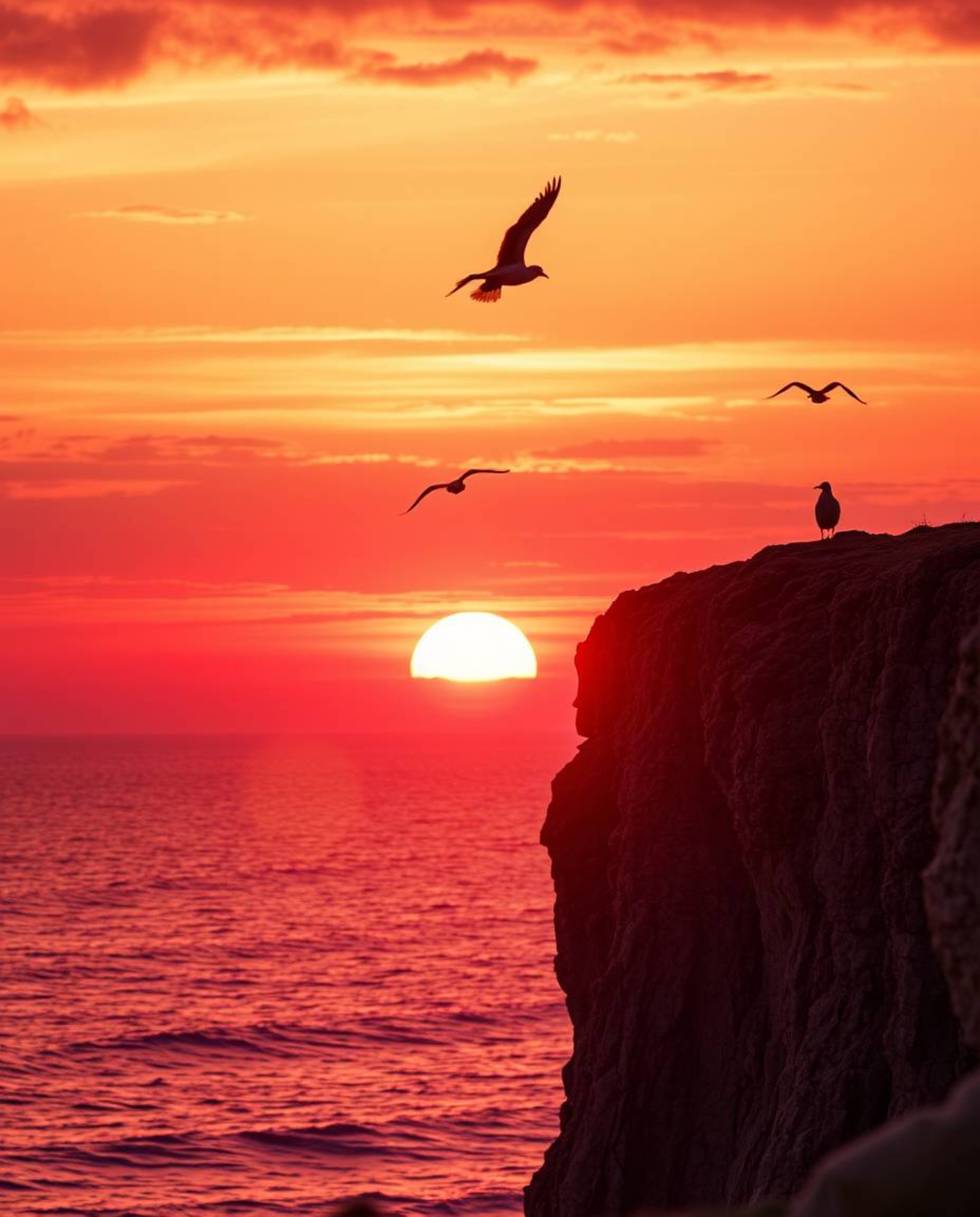 A warm, tight close-up shot captures a sunset over a coastal cliff with soaring birds. The detailed focus draws attention to 