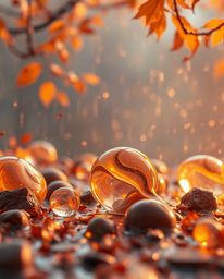 Immerse yourself in a warm autumnal scene featuring glassy fluid 3D shapes gracefully in motion, surrounded by ethereal glowi