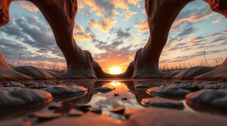 A stunning piece of sculptural clay art captures a low-angle view of a vibrant sunset reflected in a tranquil pond. The artwo