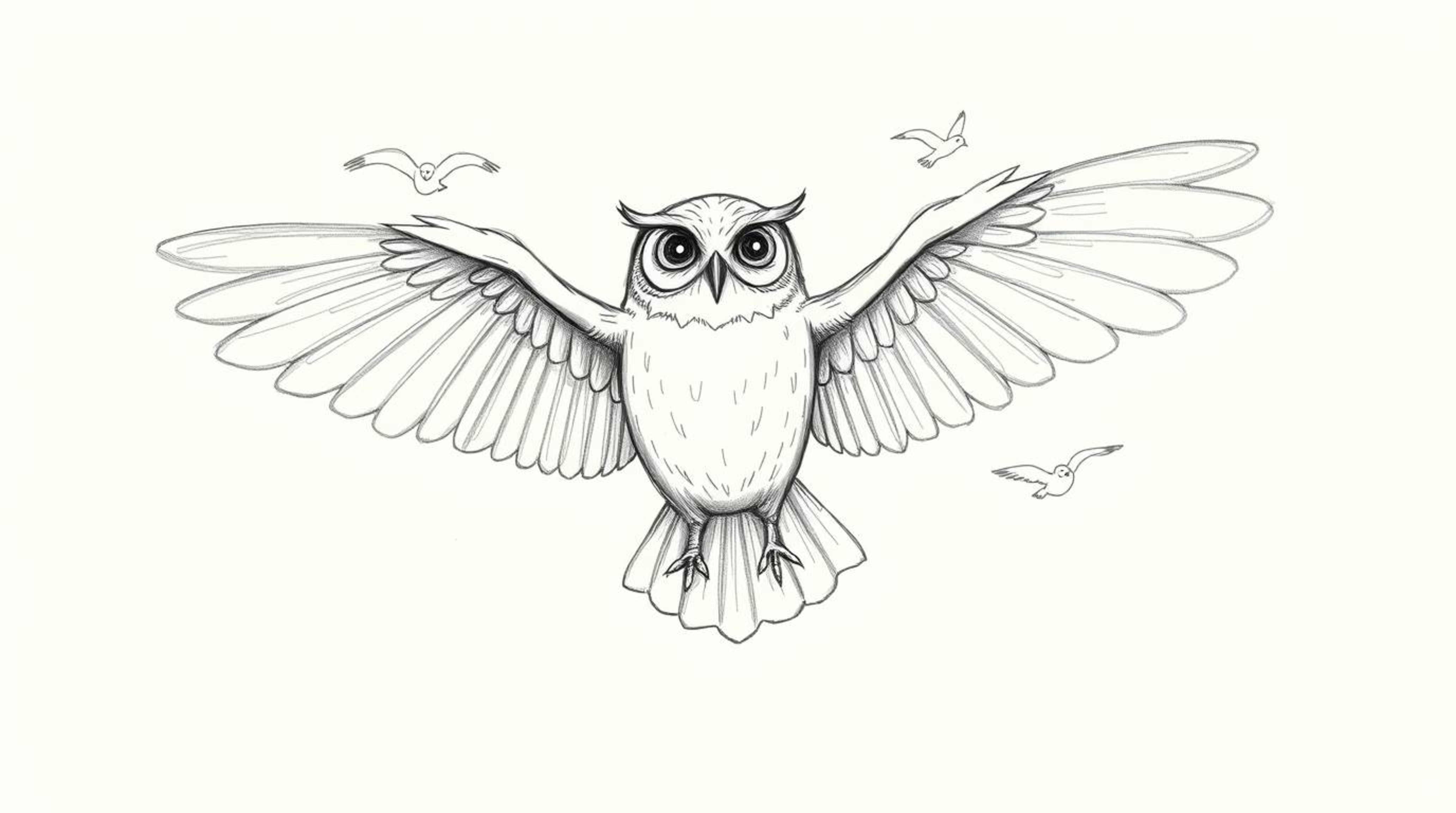 A hand-drawn sketch depicts a blind owl with outstretched wings, guiding birds in flight. Rendered in a Pixar-esque style, th