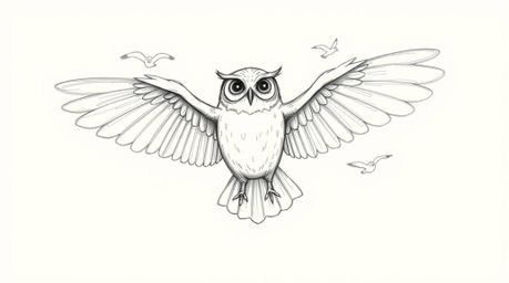 A hand-drawn sketch depicts a blind owl with outstretched wings, guiding birds in flight. Rendered in a Pixar-esque style, th