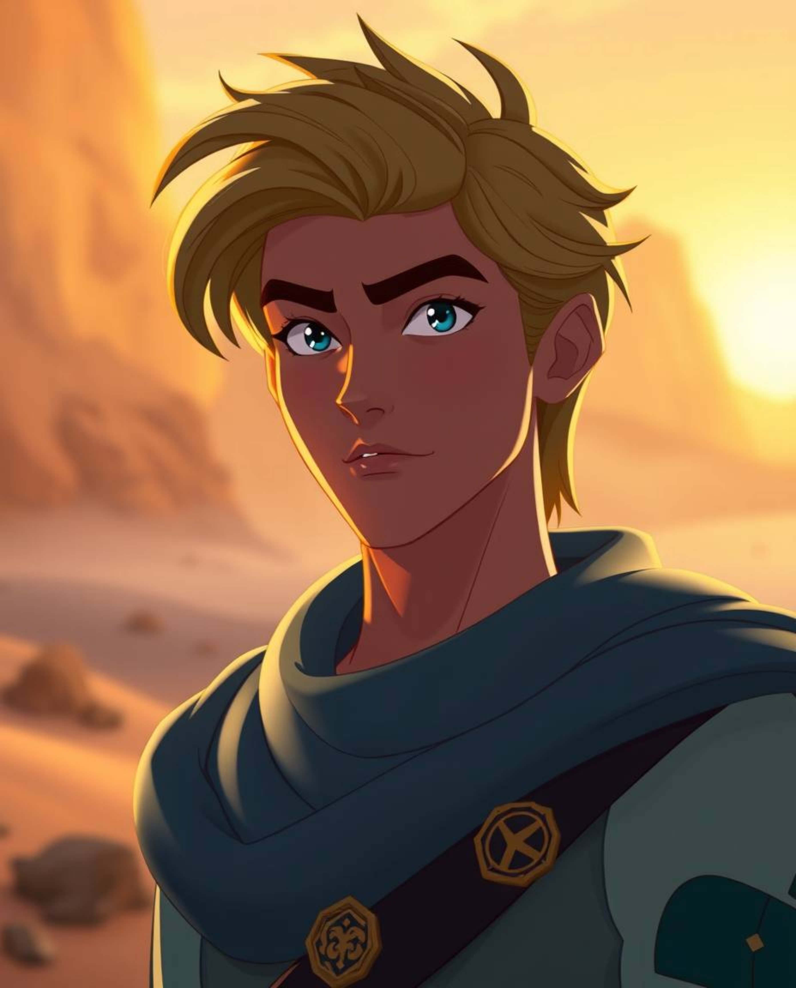 Embark on a breathtaking desert adventure with a brave and elegant hero, rendered in a captivating Disney style. Bathed in t