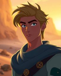 Embark on a breathtaking desert adventure with a brave and elegant hero, rendered in a captivating Disney style.  Bathed in t