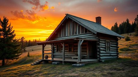 Capture the serene beauty of an old wooden cabin bathed in the warm glow of sunset with this high-resolution photograph.  Fea