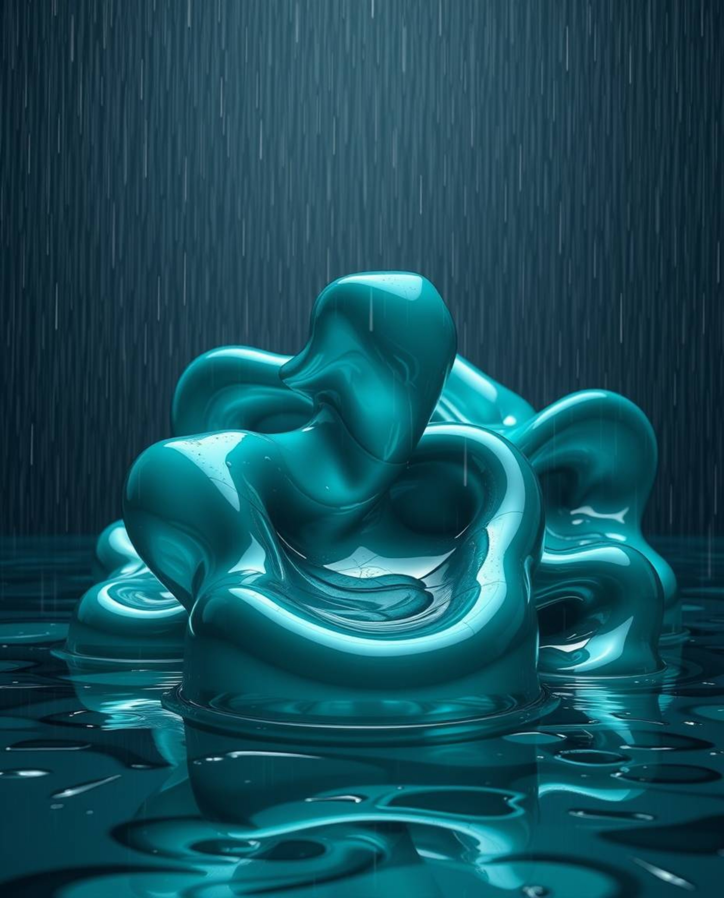 A digital rendering showcasing sculptural 3D fluid shapes, reminiscent of mercury with a reflective surface, under studio lig