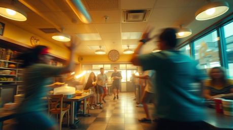 A captivating long exposure photograph depicts a chaotic and whimsical food fight erupting within a vibrant cartoon cafeteria