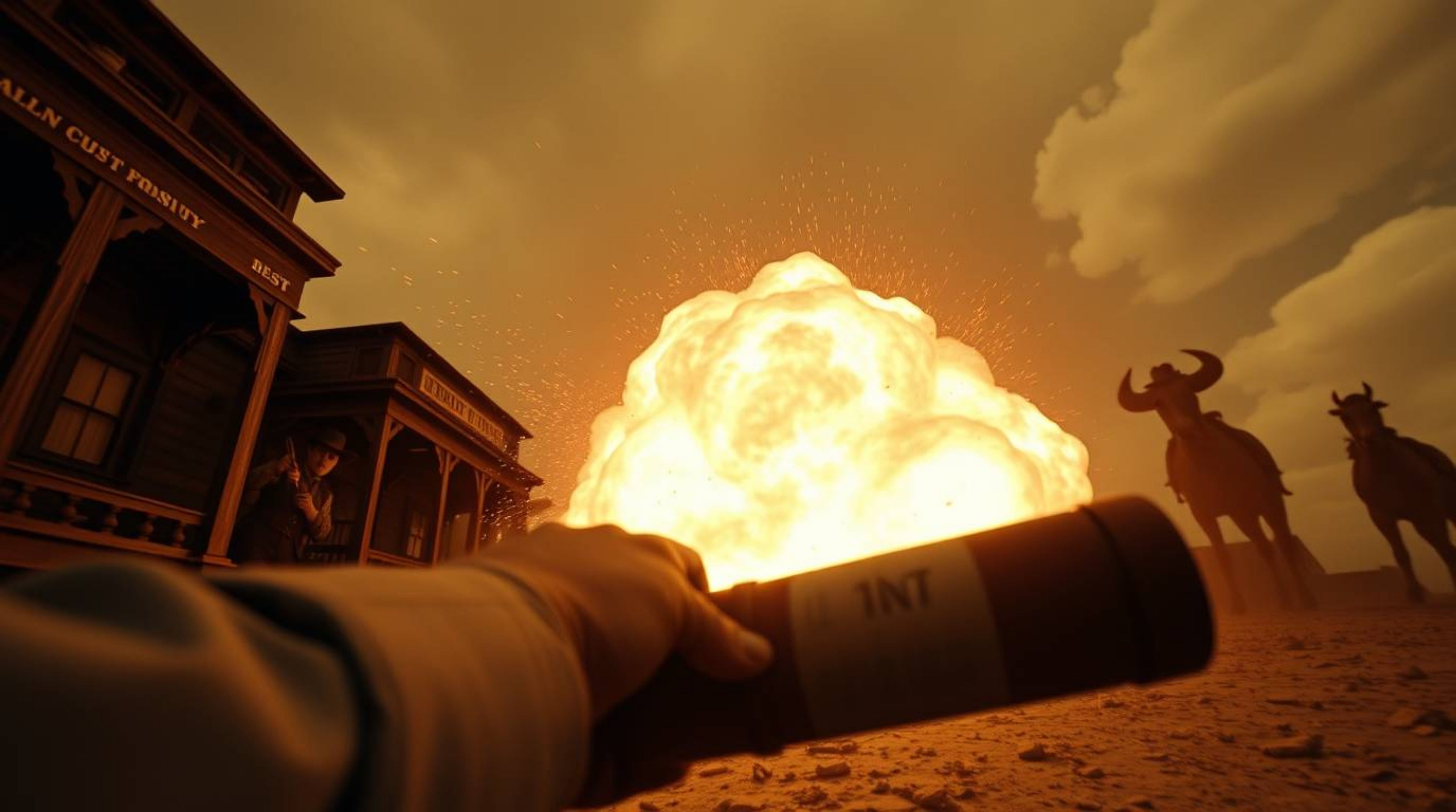 Experience the thrill of a classic exploding TNT gag in the Wild West, captured from a dramatic low angle perspective. Lookin