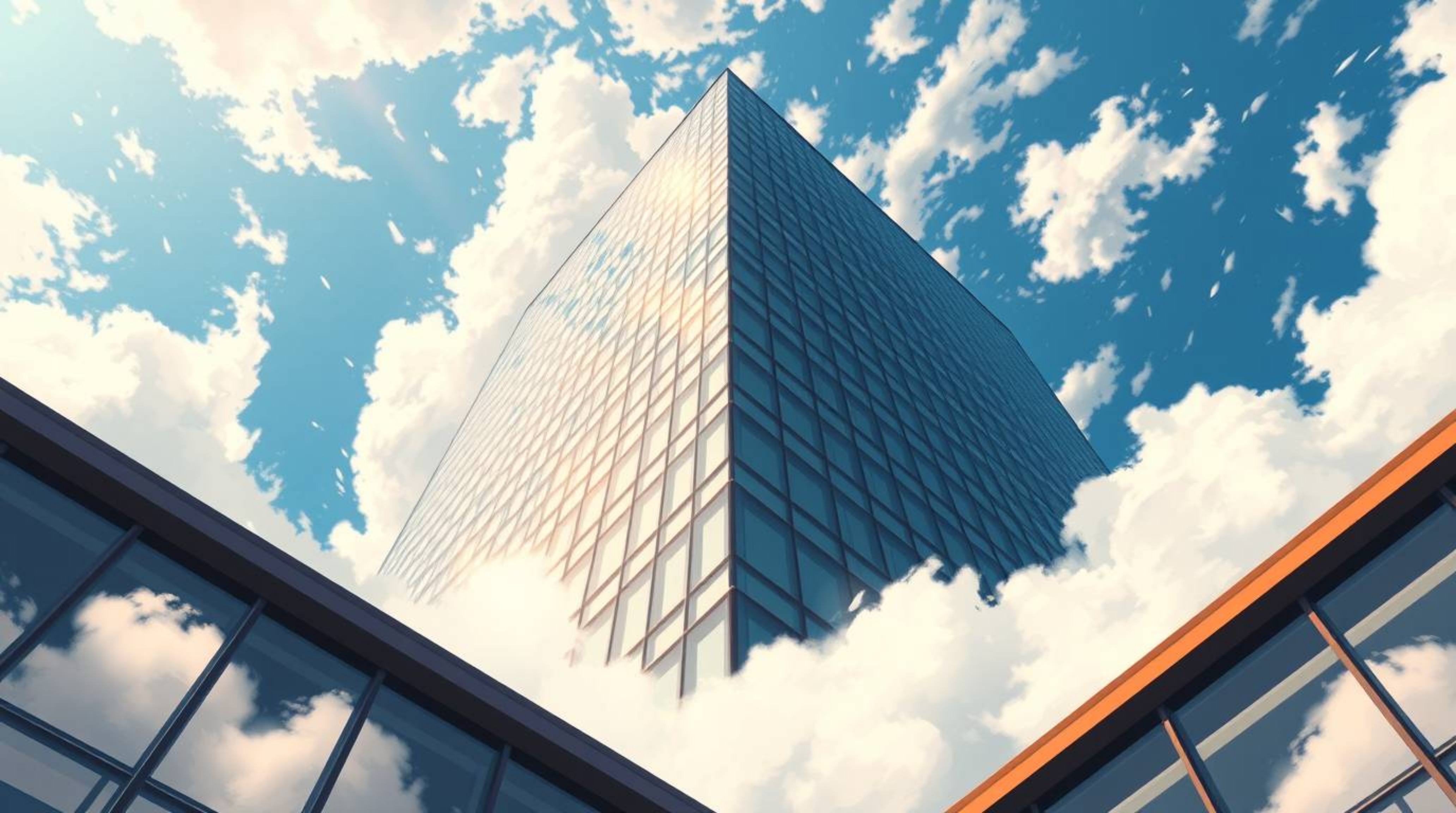 A captivating Isekai anime-inspired scene featuring a modern glass building gracefully dissolving into the sky, where soft cl