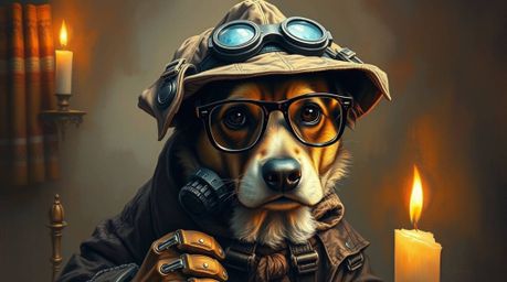 A captivating oil painting depicts a dog detective, equipped with high-tech gadgets, bathed in the warm glow of candlelight. 