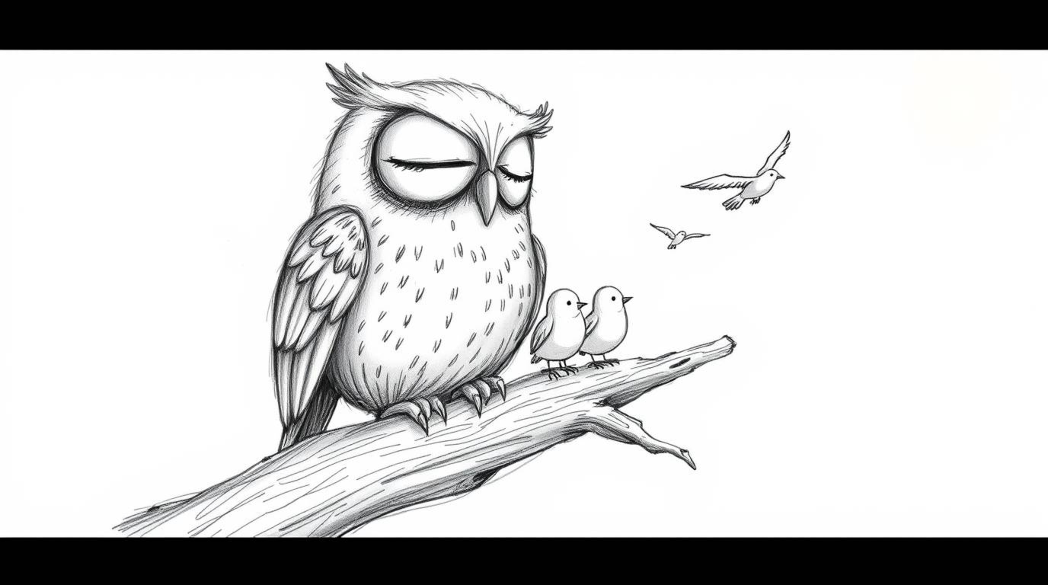 A heartwarming, whimsical scene depicts a blind owl, rendered in a charming Pixar-esque style, gently guiding small birds in 