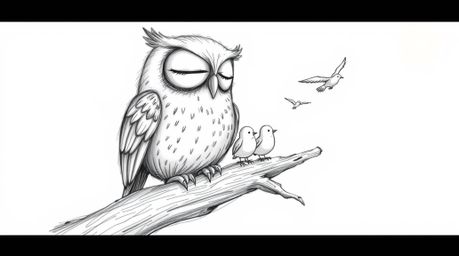 A heartwarming, whimsical scene depicts a blind owl, rendered in a charming Pixar-esque style, gently guiding small birds in 