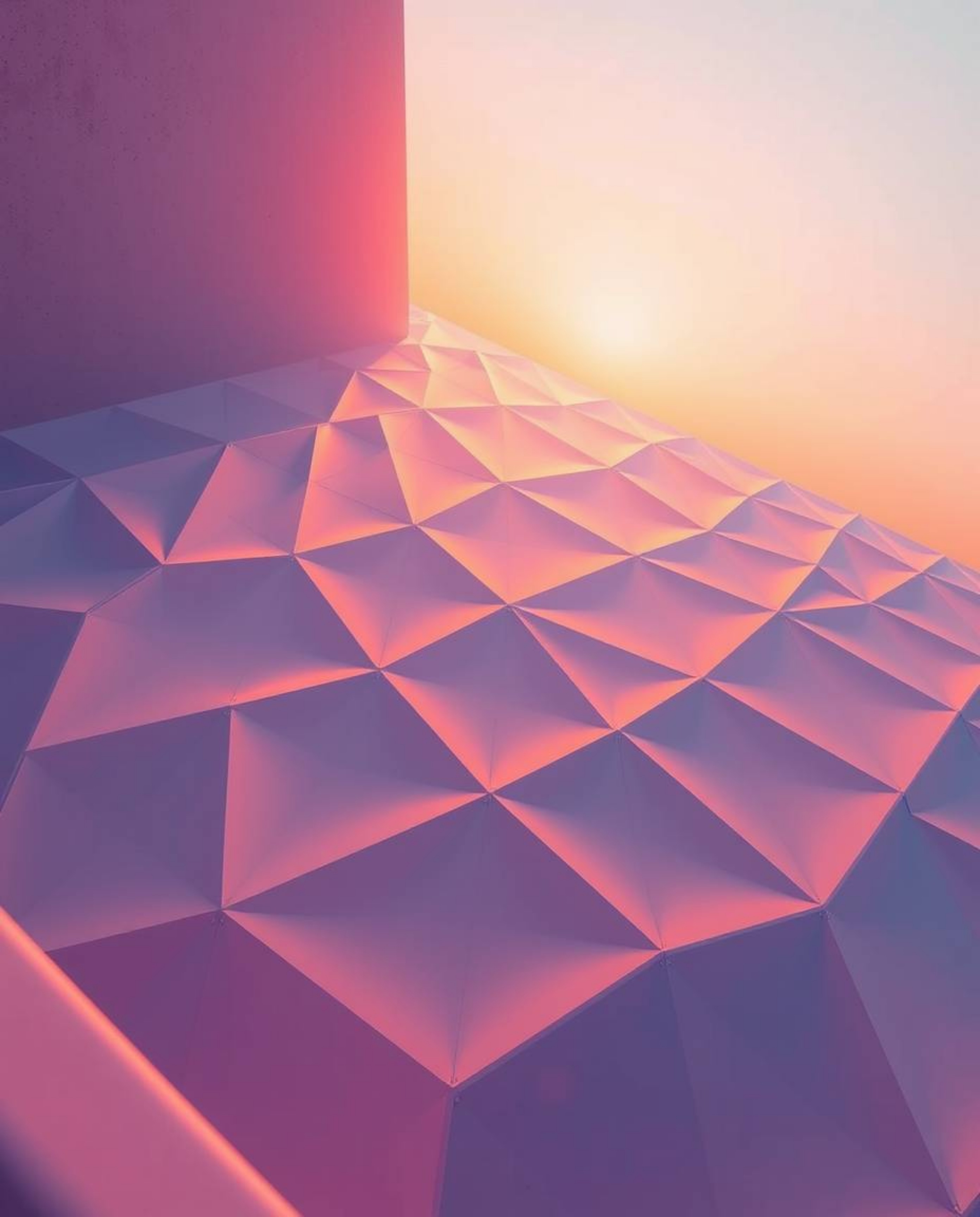 Experience the serenity of sunrise or sunset with this geometric pattern wallpaper featuring pastel gradients bathed in warm 