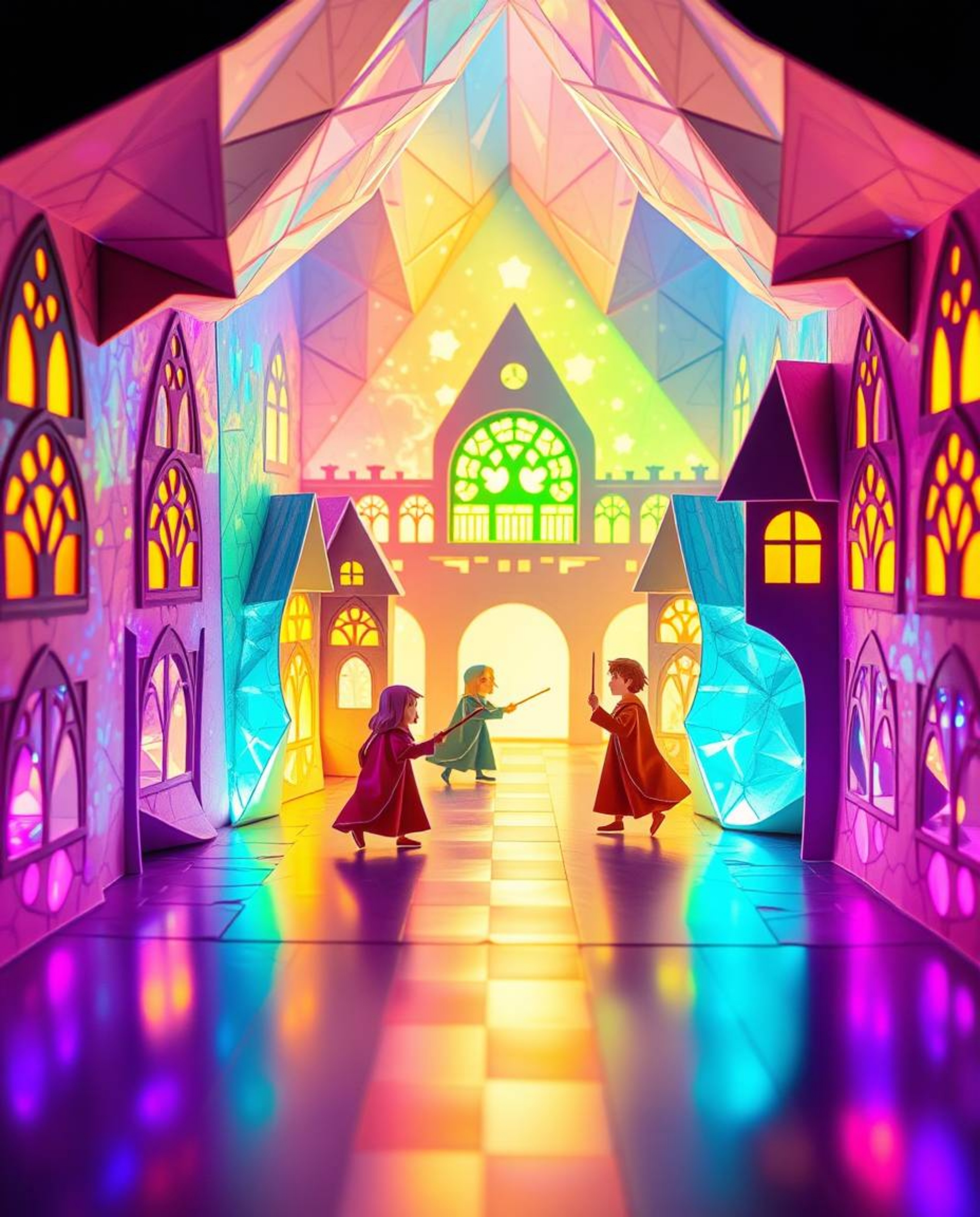 This intricate origami-style light art depicts a magical school teeming with young wizards, showcasing a stunning array of ir
