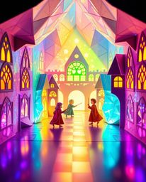 This intricate origami-style light art depicts a magical school teeming with young wizards, showcasing a stunning array of ir