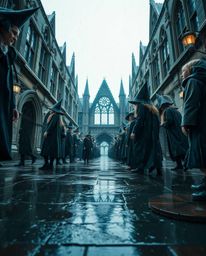 Immerse yourself in a captivating low-angle perspective of a magical school brimming with young wizards, all set against a be