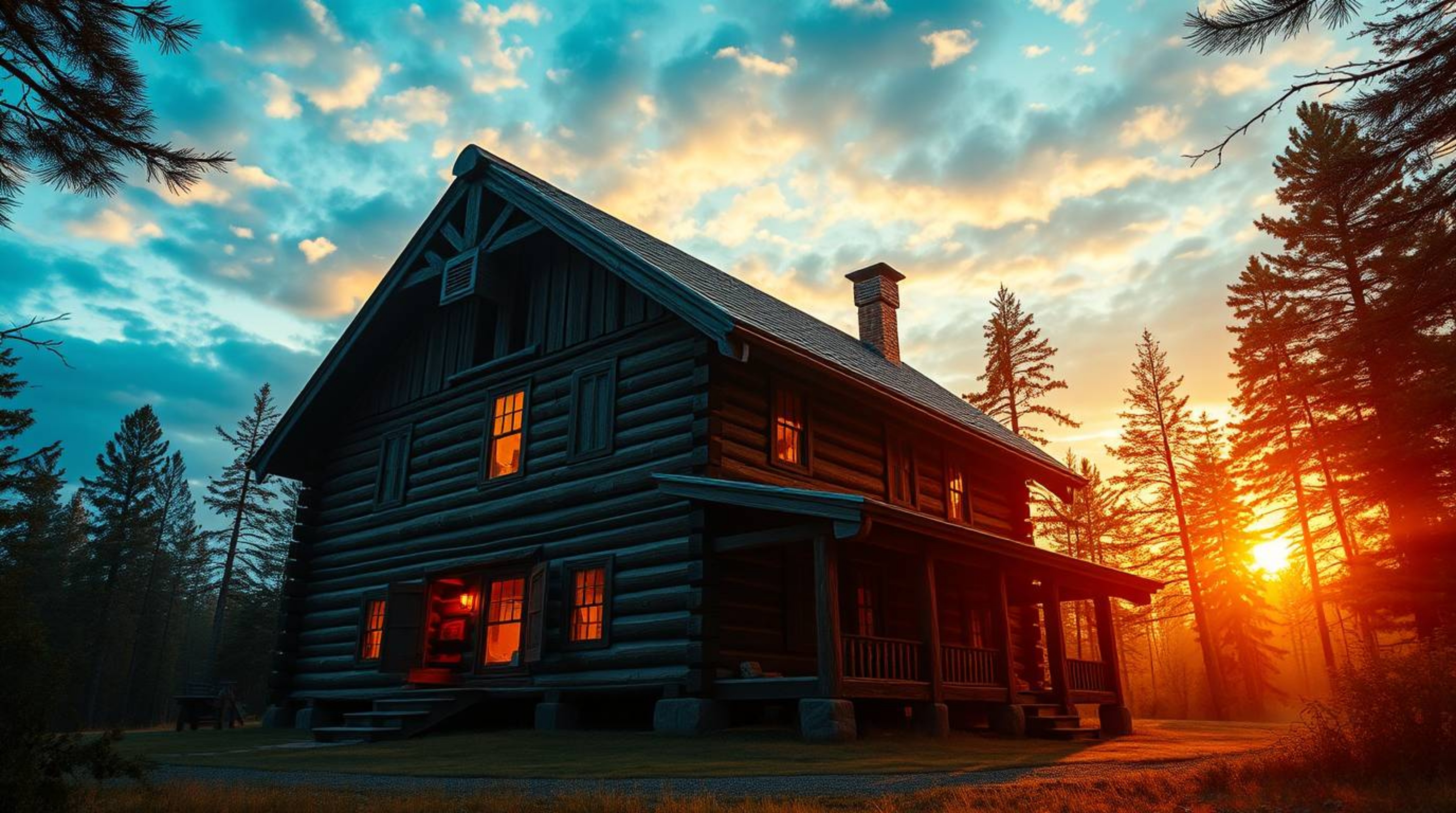 Experience a breathtaking digital artwork depicting a grand, epic scene of a massive old wooden cabin nestled deep within a f