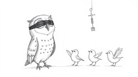 A heartwarming hand-drawn sketch reminiscent of Pixar animation features a gentle, blind owl guiding small birds in their fir