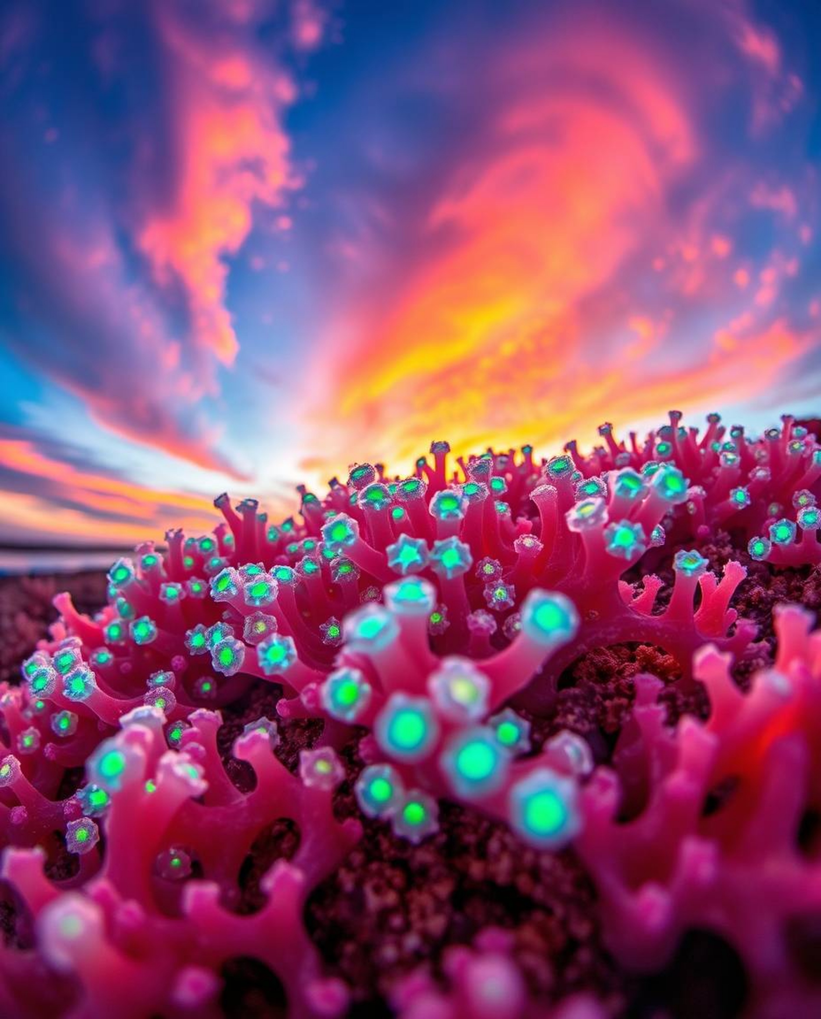 An extreme macro photograph captures bioluminescent organisms on a coral reef at low tide, set against the backdrop of a colo
