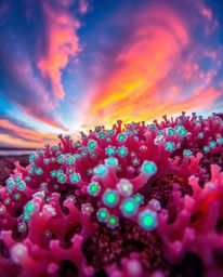 An extreme macro photograph captures bioluminescent organisms on a coral reef at low tide, set against the backdrop of a colo