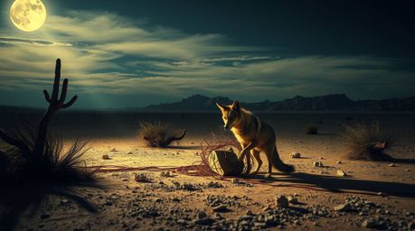 Explore a dreamlike and surreal desert landscape where a coyote meticulously sets up a ridiculously elaborate trap. Bathed in