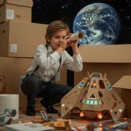 A captivating high-fashion photoshoot depicts a young boy, brimming with curiosity, constructing an intricately detailed card