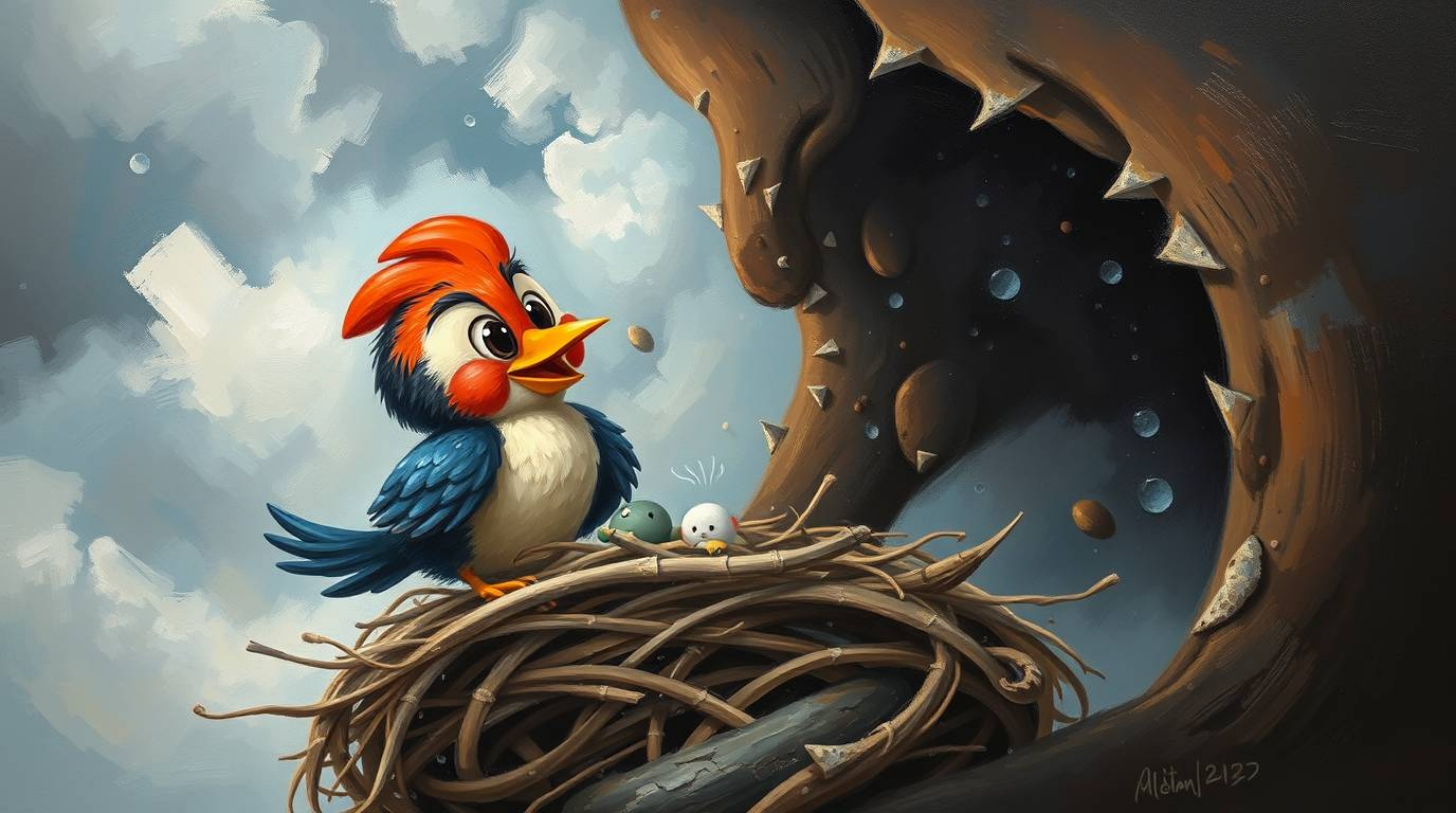 A charming oil painting depicts two adorable cartoon birds diligently building a nest against a dramatic backdrop of stormy s