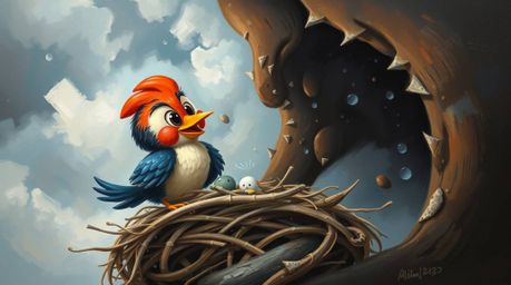 A charming oil painting depicts two adorable cartoon birds diligently building a nest against a dramatic backdrop of stormy s