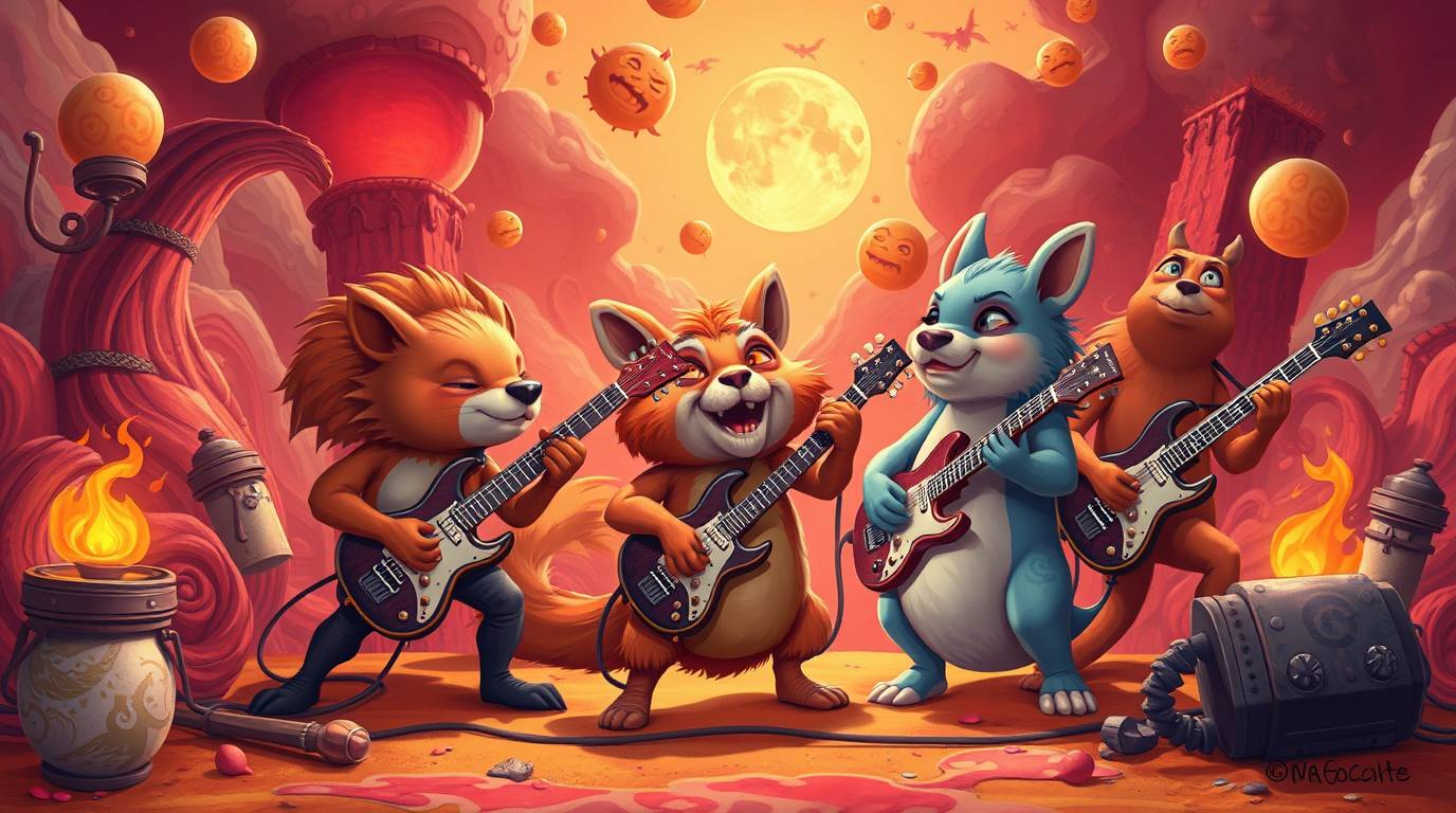 Experience the bizarre and fantastical as a band of cartoon animals jams out to rock music in a warm, dreamlike, surreal scen