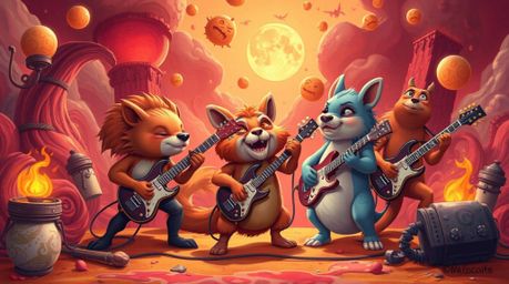 Experience the bizarre and fantastical as a band of cartoon animals jams out to rock music in a warm, dreamlike, surreal scen