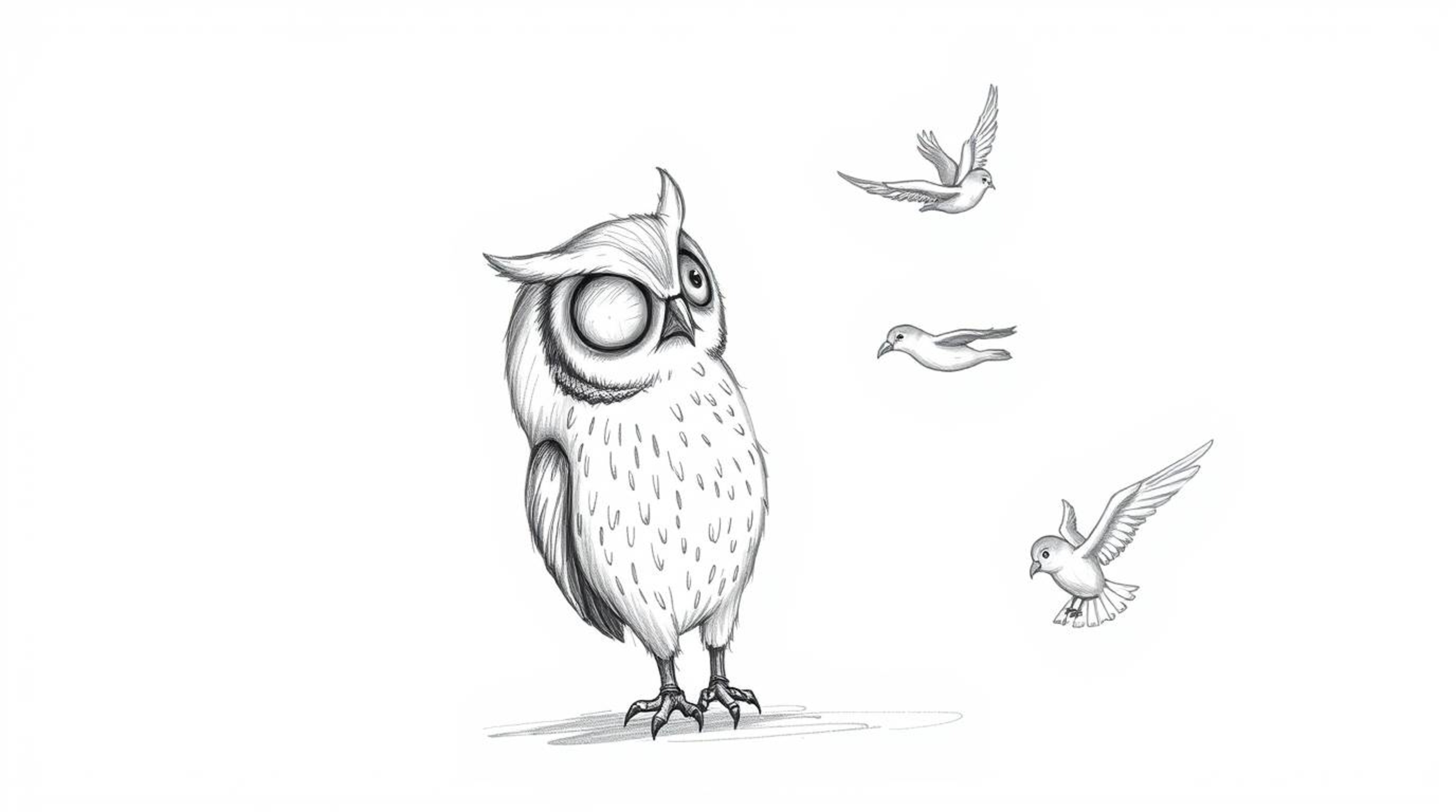 A heartwarming scene depicts a blind owl, rendered in a charming Pixar-esque style, teaching birds how to fly. The hand-drawn