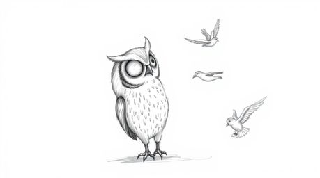 A heartwarming scene depicts a blind owl, rendered in a charming Pixar-esque style, teaching birds how to fly. The hand-drawn